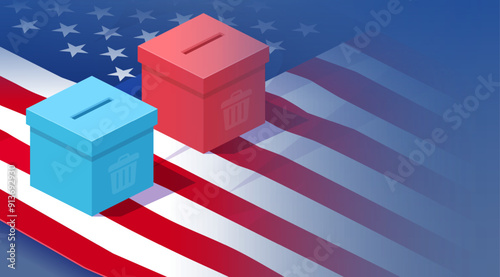 Presidential Election in United States. Red and blue ballot boxes on US flag.