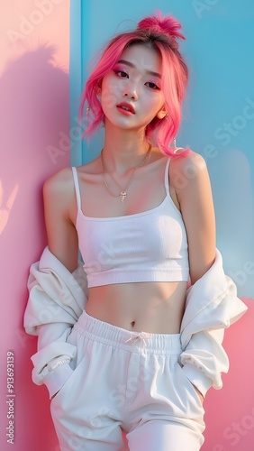 Young pretty Asian woman with glitter make-up wearing sporty fashion, white clothes, model posing isolated on a colorful modern pink and blue background, k-pop style