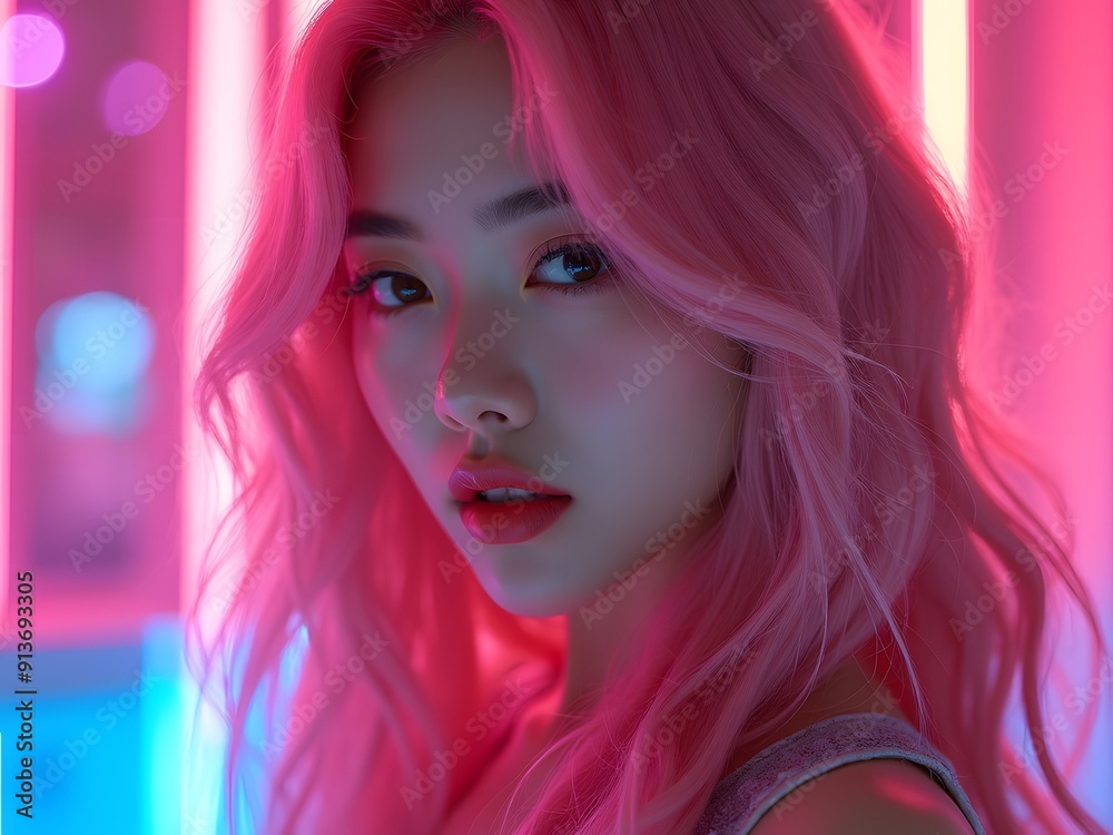Young pretty Asian woman with glitter make-up wearing sporty fashion, white clothes, model posing isolated on a colorful modern pink and blue background, k-pop style Young pretty Asian woman with glitter make-up wearing sporty fashion, white clothes, model posing isolated on a colorful modern pink and blue background, k-pop style