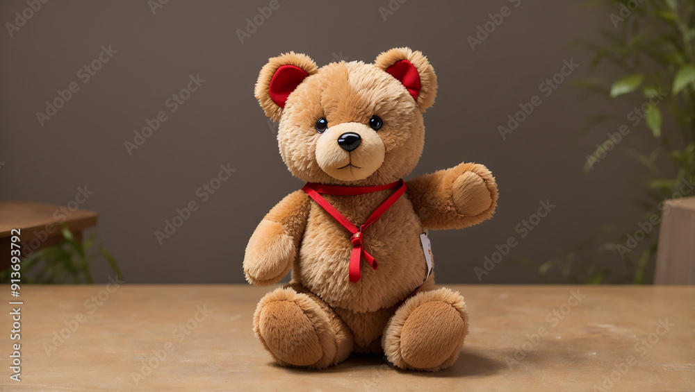 A brown teddy bear with red ears and a red scarf is sitting on a wooden table. A brown teddy bear with red ears and a red scarf is sitting on a wooden table.
