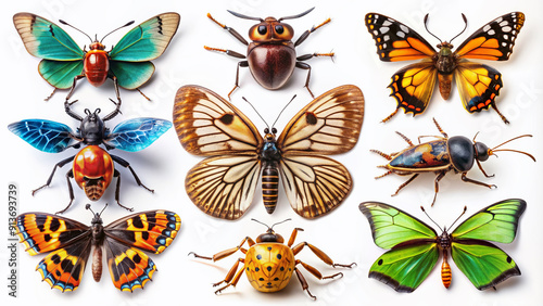 Vibrant color macro photography set featuring assorted insects, including butterflies, beetles, and ants, on a white background with subtle shadows and highlights. photo