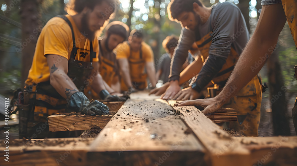 Construction Workers Building a Wooden Structure Photo Construction Workers Building a Wooden Structure Photo