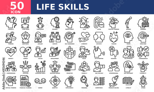 Life skills icon collection set. Simple line vector.