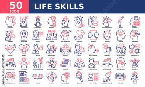 Life skills icon collection set. Simple line color vector.