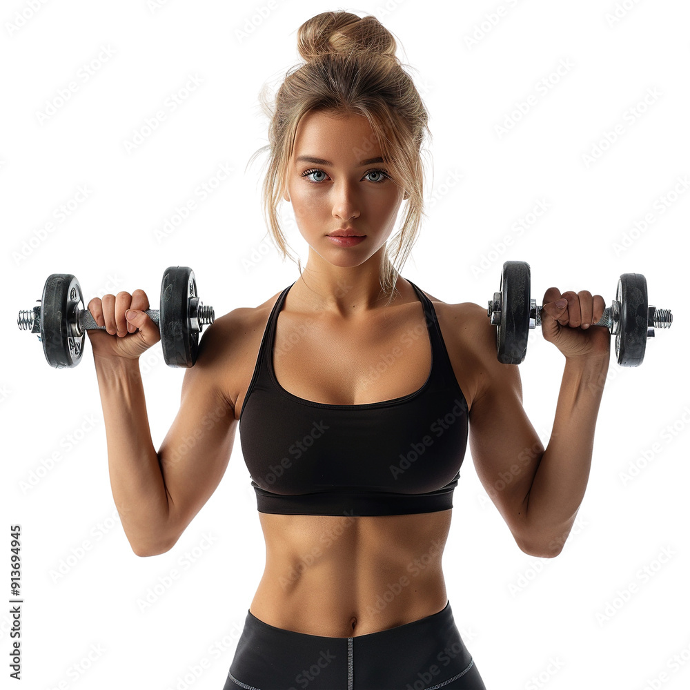 A woman is lifting weights in a gym isolated on transparent background A woman is lifting weights in a gym isolated on transparent background