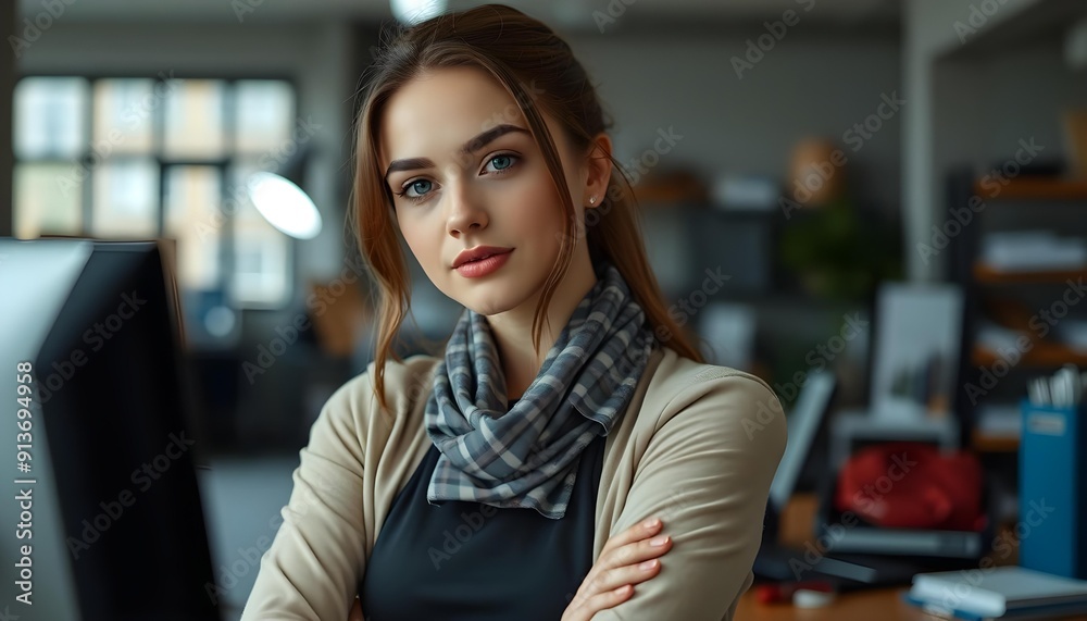 Fototapeta premium A gorgeous young woman busy at work behind her professional background