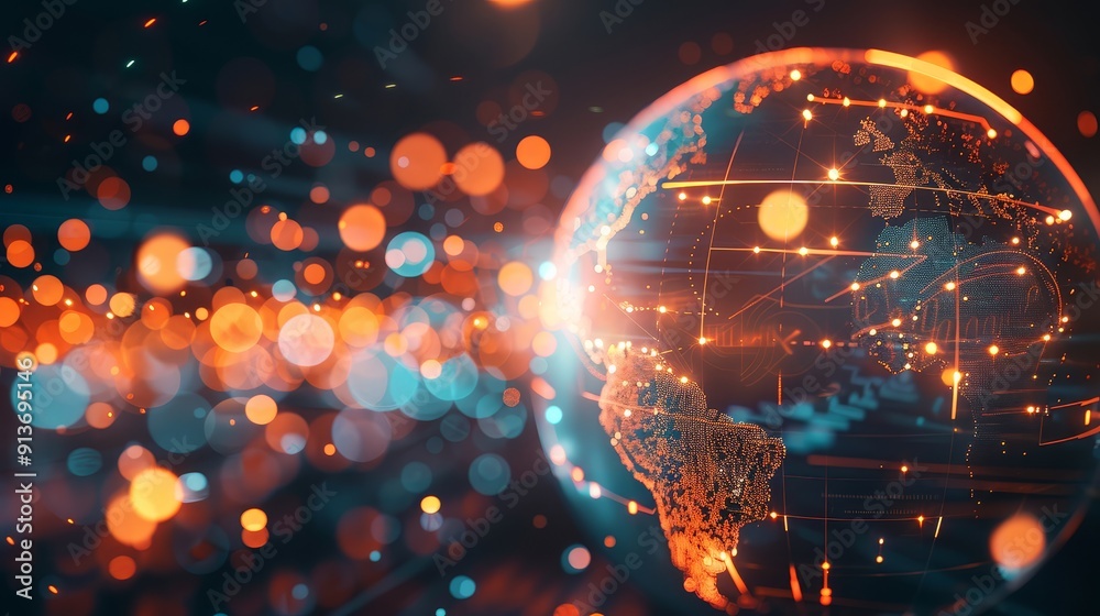 Obraz premium A glowing globe with lines and points of light representing global interconnectedness and communication, with a blurred background of bokeh lights symbolizing the world's network.