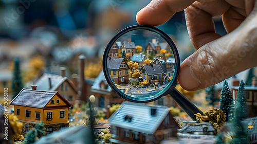 Magnifying Glass Over Miniature Village Photo