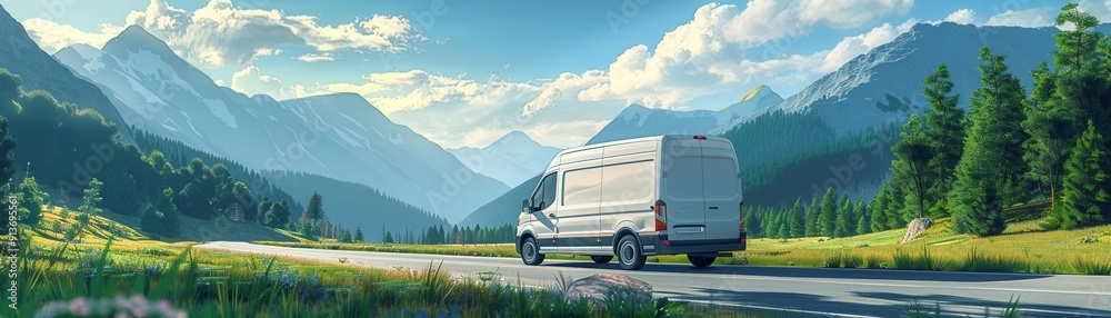 Obraz premium Van driving through picturesque road, meadows and mountains, 3D style, triadic color scheme