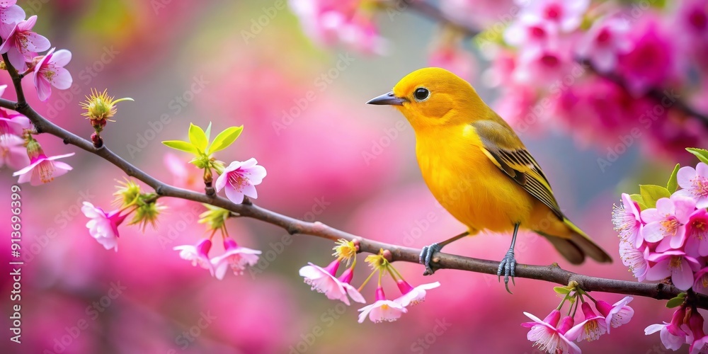 Colourful yellow bird perched on a pink tree branch in a garden setting with pink blossoms, yellow bird, colorful, pink tree Colourful yellow bird perched on a pink tree branch in a garden setting with pink blossoms, yellow bird, colorful, pink tree