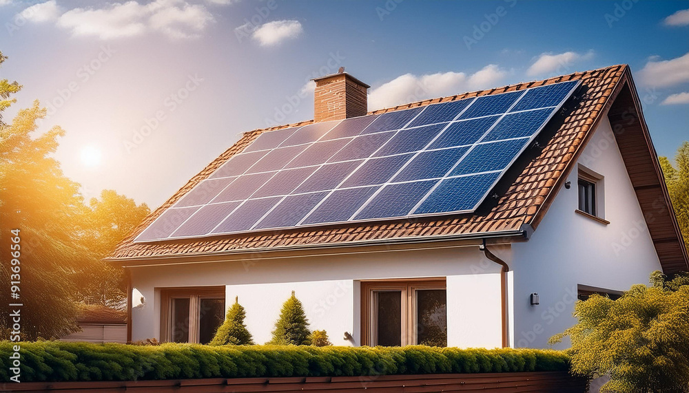 Fototapeta premium house with solar panel on the roof