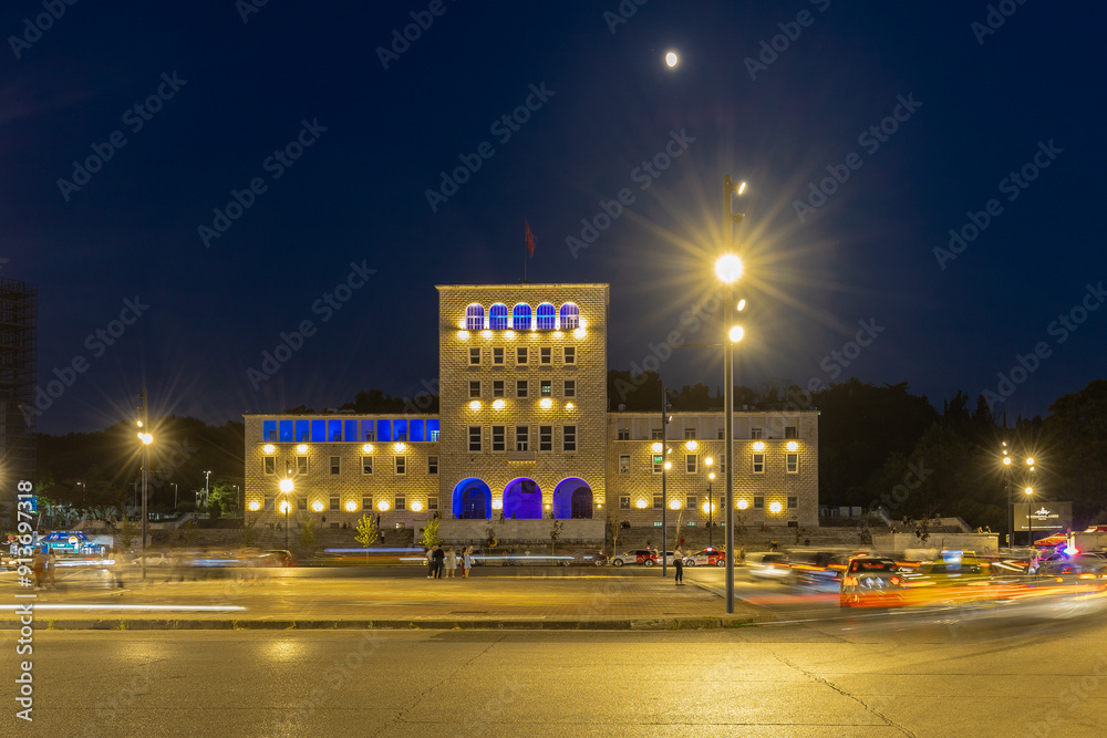 Naklejka premium Tirana, Albania 7-17-2024 The main building of the university of Tirana which is a public university located at the central borough of town and established in 1957 through merging existing institutes