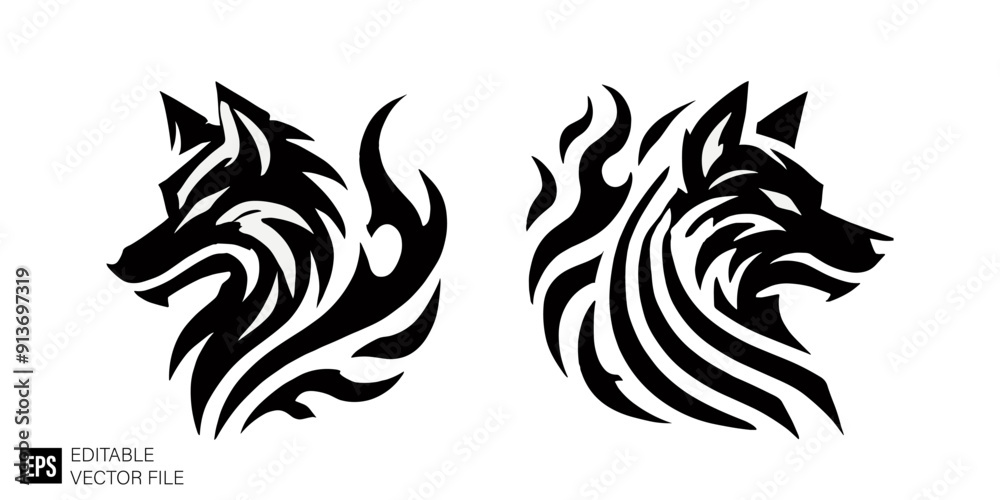 Obraz premium Set of wolf head tribal tattoo vector design ideas