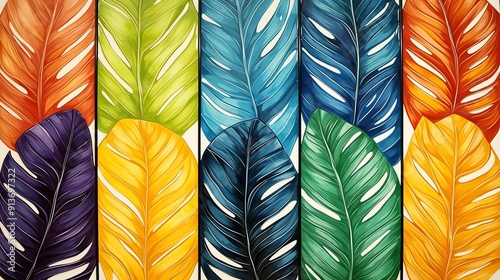 Colorful watercolor painting of tropical leaves on a white background.