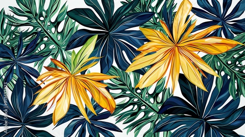Tropical leaves in blue and yellow on white background