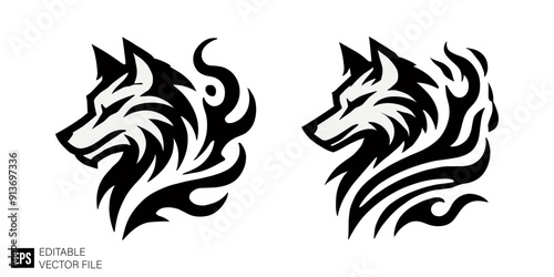 Set of wolf head tribal tattoo vector design ideas
