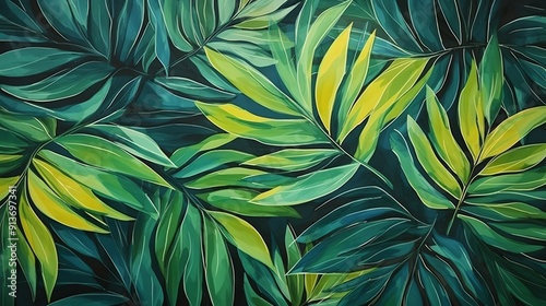 Abstract tropical foliage pattern with green and yellow leaves