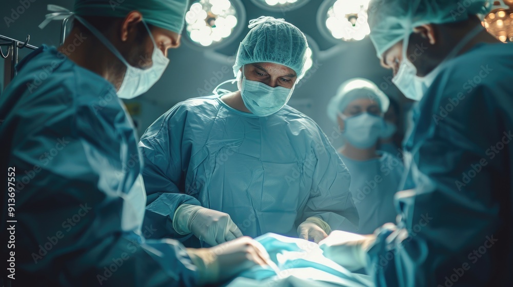 A surgical team in an operating room, wearing blue scrubs, masks, and caps. They are focused on performing a procedure under bright surgical lights A surgical team in an operating room, wearing blue scrubs, masks, and caps. They are focused on performing a procedure under bright surgical lights