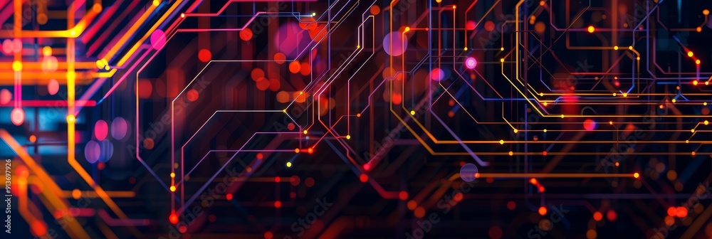 A mesmerizing abstract background featuring vibrant neon lights illuminating intricate circuitry, symbolizing connectivity, technology, innovation, data flow, and the future of technology. A mesmerizing abstract background featuring vibrant neon lights illuminating intricate circuitry, symbolizing connectivity, technology, innovation, data flow, and the future of technology.