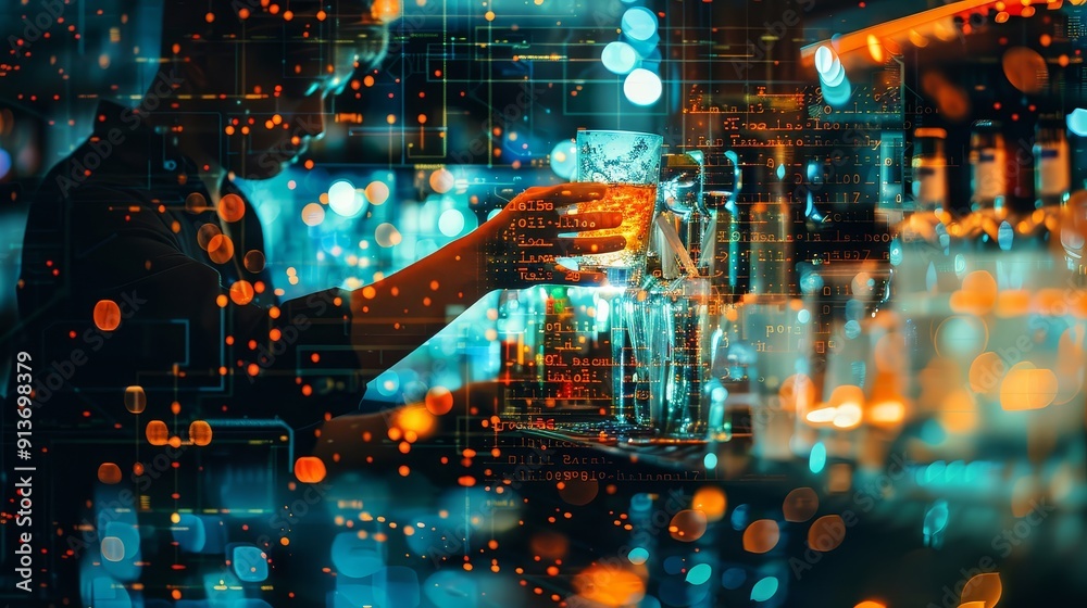 A modern bartender skillfully mixes a drink while digital code and light effects swirl around them, representing the fusion of technology and traditional craft.