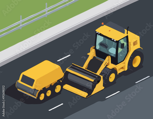 Yellow steamroller for paving asphalt. Road work in 3d isometric scene. Road roller and lorry truck. Asphalting machine with workers on highway. Road pavement improvement. Vector illustration
