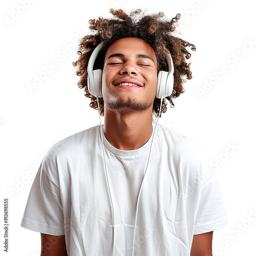 A man with curly hair is wearing headphones and smiling. Concept of relaxation and happiness
