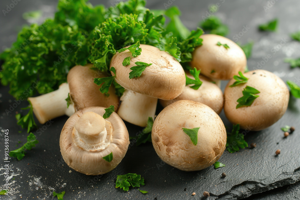Champignon de paris or button mushrooms - commonly used in various dishes from salads to sauces, french food, hi end kitchen Champignon de paris or button mushrooms - commonly used in various dishes from salads to sauces, french food, hi end kitchen