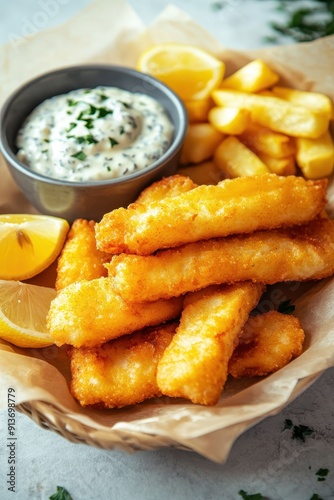  Fish sticks with lemon and tartar sauce 