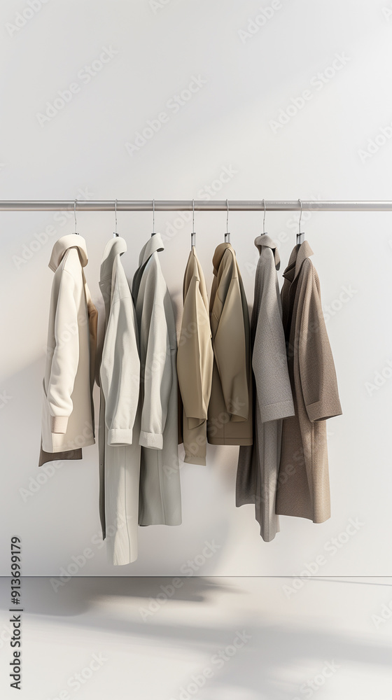 clothing rack with collection of neutral-toned pieces. This minimalist setup is perfect for illustrating the concept of a capsule wardrobe and promoting sustainable fashion. clothing rack with collection of neutral-toned pieces. This minimalist setup is perfect for illustrating the concept of a capsule wardrobe and promoting sustainable fashion.