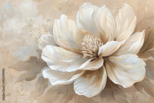 Oil painting of white flower, large white petals on beige background