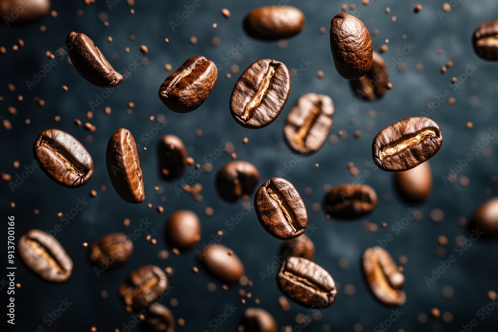 Coffee beans in flight on a dark background with generative ai Coffee beans in flight on a dark background with generative ai