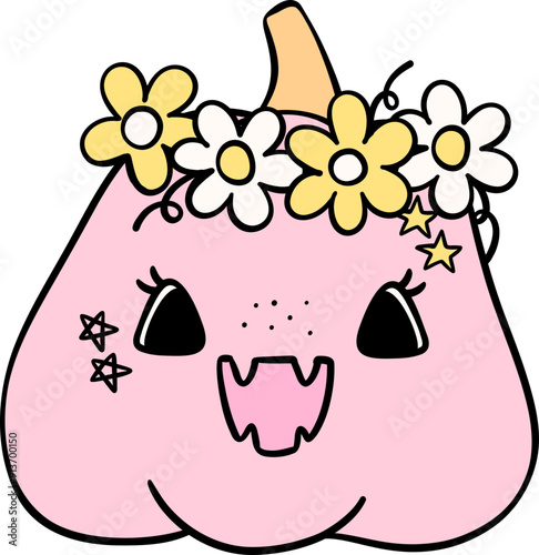 Cute Pastel Halloween pumpkin Groovy Retro Cartoon Character Girly Coquette Flower Doodle
