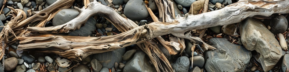 Weathered driftwood pile with assorted sizes and shapes accompanied by small rocks and debris Close up shot of wooden debris on the shore Weathered driftwood pile with assorted sizes and shapes accompanied by small rocks and debris Close up shot of wooden debris on the shore