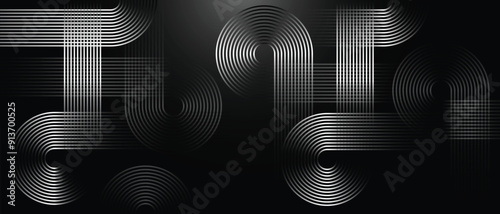 Abstract glowing circle lines on dark background. Geometric stripe white line art design. Modern vector black background. Futuristic technology concept.