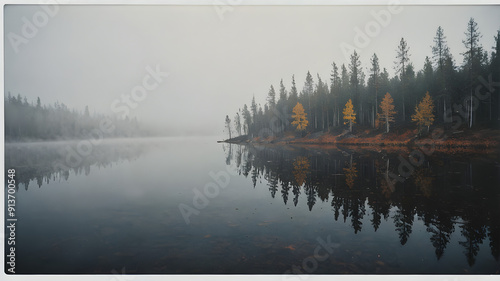 Photograph of a foggy autumn morning on a quiet and relaxing lakeside.