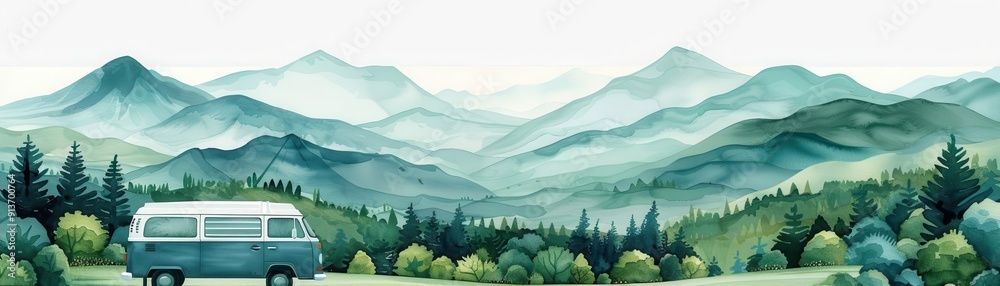 Fototapeta premium Van driving past lush green meadows and mountains, watercolor painting, triadic color scheme
