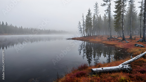 Photograph of a foggy autumn morning on a quiet and relaxing lakeside.