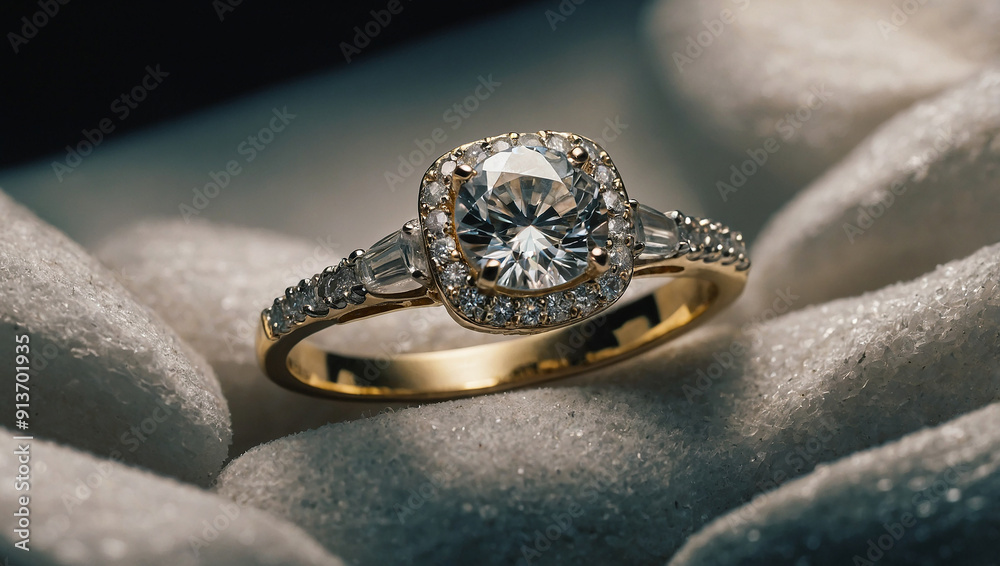 A close-up of a gold ring with a large, round diamond surrounded A close-up of a gold ring with a large, round diamond surrounded