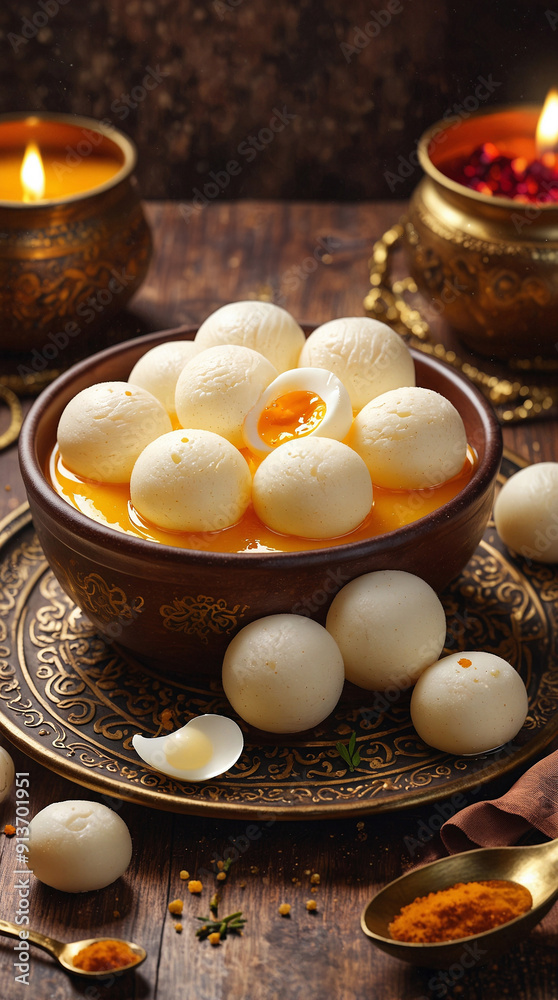 Indian Rasgulla Soft, spongy rasgullas soaking in syrup, garnished with ...