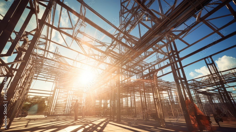 A steel structure framework under construction with a bright, clear sky showcasing the intricate details of the building process. The image symbolizes growth, progress, development, and resilience. A steel structure framework under construction with a bright, clear sky showcasing the intricate details of the building process. The image symbolizes growth, progress, development, and resilience.