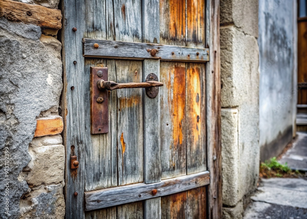 Weathered gray wooden door with rusty hinges stands alone on a worn street, featuring a single shiny white metal doorknob awaiting rediscovery and new purpose. Weathered gray wooden door with rusty hinges stands alone on a worn street, featuring a single shiny white metal doorknob awaiting rediscovery and new purpose.