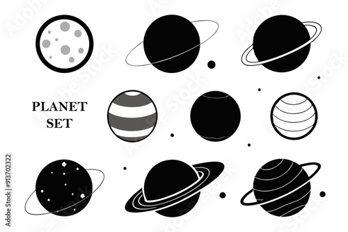 Set of silhouette black and white monoline planetarium space