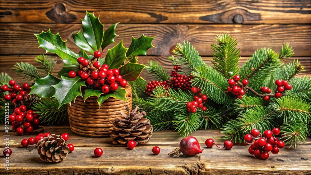 Classic holiday treasures gather on a distressed wooden table, surrounded by evergreen sprigs and festive holly, evoking nostalgia and warmth in a cozy winter scene. Classic holiday treasures gather on a distressed wooden table, surrounded by evergreen sprigs and festive holly, evoking nostalgia and warmth in a cozy winter scene.