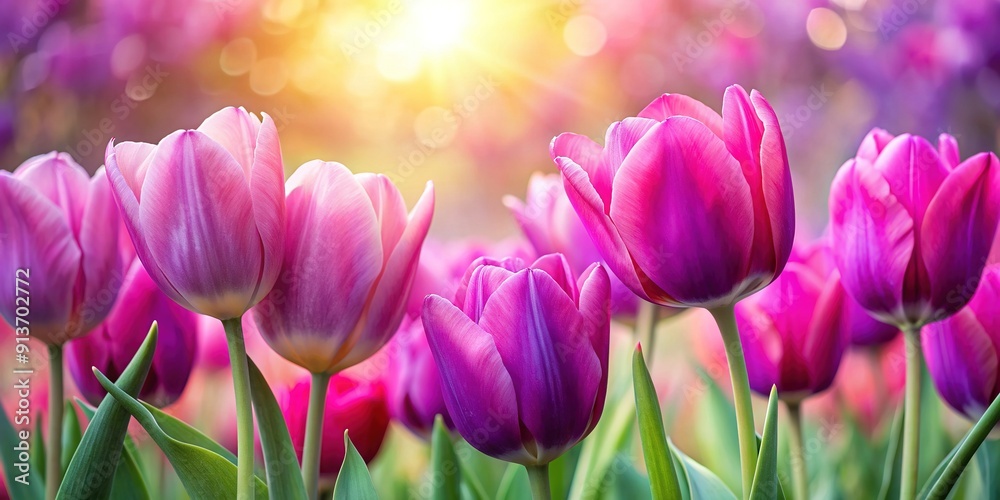 Fototapeta premium Vibrant pink and purple tulips bloom against a soft, blurred background, creating a stunning spring scene perfect for Easter or Valentine's Day celebrations.