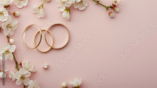 Wedding rings on a white background with gypsophila flowers Romantic and eleganceai generative.. photo