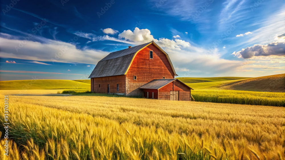 Rustic barn stands amidst vast fields of golden wheat and green pastures, symbolizing the heartland of America's thriving agricultural industry under a clear blue sky. Rustic barn stands amidst vast fields of golden wheat and green pastures, symbolizing the heartland of America's thriving agricultural industry under a clear blue sky.