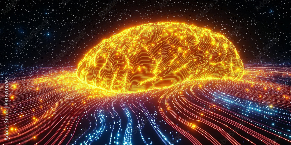 Obraz premium Glowing brain with swirling patterns depicting machine intelligence and data processing. Brainpower concept
