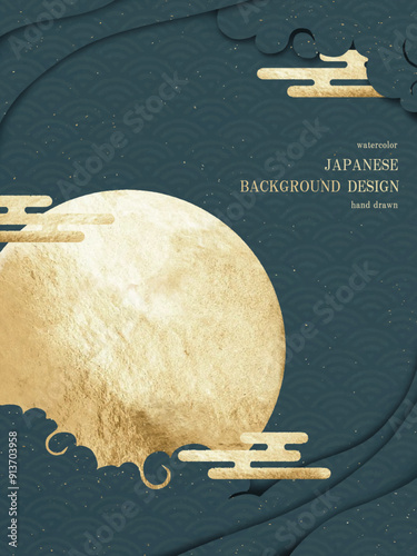 十五夜, お月見, 秋, 中秋の名月, 和柄, ベクター, 背景, フレーム, 和, 金箔, 水彩, 月, 星, 雲, 金, ゴールド, 月光, 波, 夜, ビジネス, イラスト