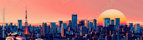 A vibrant illustration showcasing the Tokyo skyline at sunset with a giant sun and sushi rolls in the foreground, symbolizing Japanese culture, culinary delights, urban life, and a picturesque sunset.