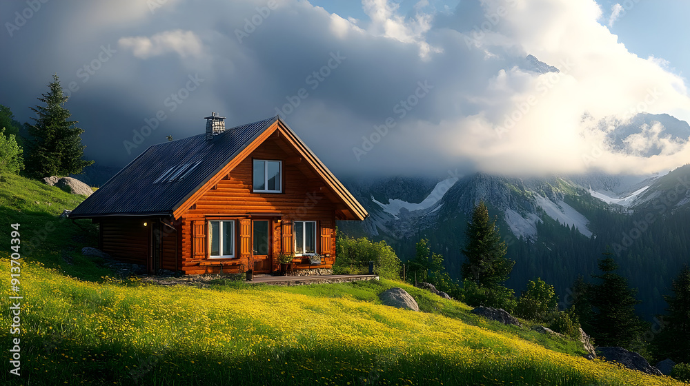 Wooden cabin nestled in a mountain meadow with a dramatic cloudy sky. Wooden cabin nestled in a mountain meadow with a dramatic cloudy sky.